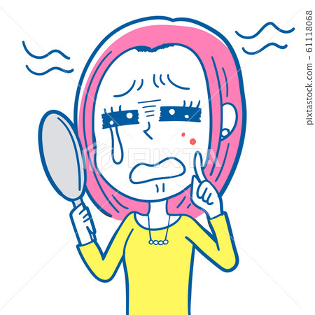 圖庫插圖：一個年輕的女人拿著鏡子，患有粉刺 61118068