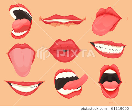 Set of female lips with various mouth emotions and expressions. Vector illustration. 61119000