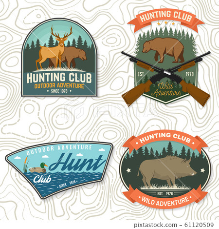 Set of Hunting club badge. Vector Concept for shirt, print, stamp. Vintage typography design with hunting gun, boar, hunter, bear, deer, duck and forest. Outdoor adventure hunt club emblem Set of Hunting club badge. Vector Concept for shirt, print, stamp. Vintage typography design with hunting gun, boar, hunter, bear, deer, duck and forest. Outdoor adventure hunt club emblem 61120509