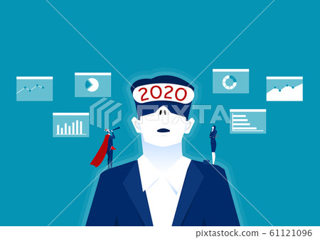 2020 businessman wearing virtual reality in modern coworking studio,vision plan business for future concept illustrator. 61121096