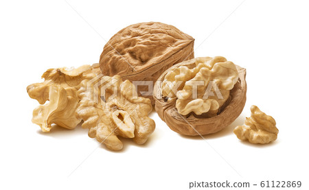 Walnut nuts, shelled and in shell, isolated on 61122869