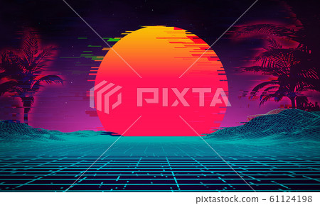 Vintage poster with retro glitch on dark background. Modern pattern of technology background concept. Glitch background in cyberpunk, synthwave style illustration. 61124198