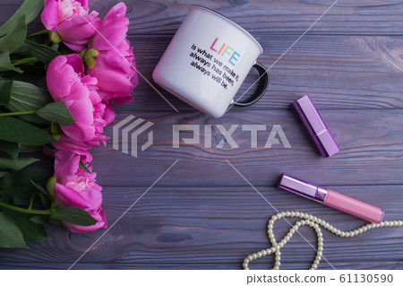 Woman's accessories on wood with copyspace. 61130590