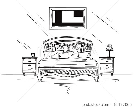 Realistic sketch of the bedroom. Hand drawn Realistic sketch of the bedroom. Hand drawn 61132066