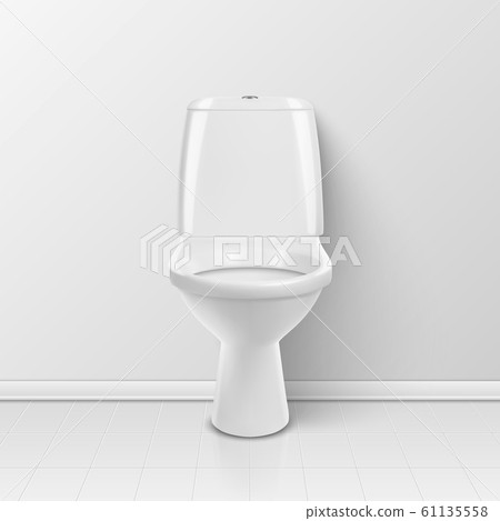 Vector 3d Realistic White Ceramic Toilet in the Bathroom, Toilet Room. Toilet Bowl without Lid, Plumbing, Mockup, Design Template for Interior. Front View. Stock Illustration Vector 3d Realistic White Ceramic Toilet in the Bathroom, Toilet Room. Toilet Bowl without Lid, Plumbing, Mockup, Design Template for Interior. Front View. Stock Illustration 61135558