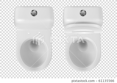 Vector 3d Realistic White eramic Toilet Icon Set Closeup Isolated on Transparent Background. Opened Toilet Bowl with and without Lid. Plumbing, Mockup, Design Template for Interior. Top View 61135566