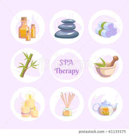 Spa therapy icons round stickers for wellness salon. Relax massage vector illustration. Body health nature concept. Beauty skincare design elements. Herbal organic collection Spa therapy icons round stickers for wellness salon. Relax massage vector illustration. Body health nature concept. Beauty skincare design elements. Herbal organic collection 61135575