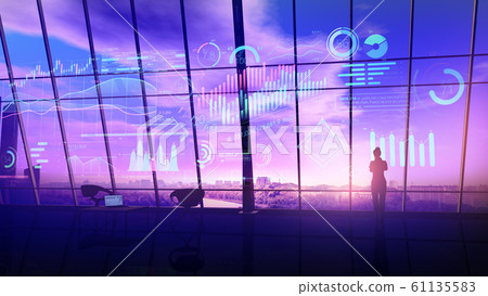 A business woman is looking at an array of infographics projecting in virtual reality. 61135583