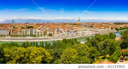 Aerial PAnoramic summer view on Turin skyline, with the city center, Po river, Mole Antonelliana, modern skyscrapers and other landmark seen from viewpoint the Monte dei Cappuccini on snowy alps Italy Aerial PAnoramic summer view on Turin skyline, with the city center, Po river, Mole Antonelliana, modern skyscrapers and other landmark seen from viewpoint the Monte dei Cappuccini on snowy alps Italy 61135903