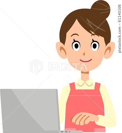 A woman wearing an apron operating a laptop - Stock Illustration ...