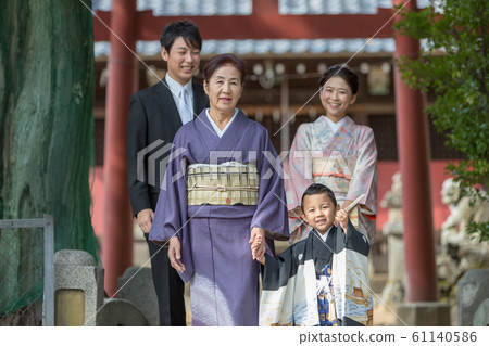 festival day for children of three, five and seven years of age, shrine, 3 generation family 61140586