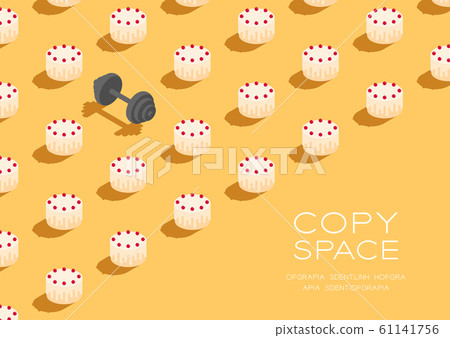 Cake with dumbbell 3D isometric pattern, Bakery healthy diet or lose weight concept poster and social banner horizontal post design illustration isolated on cream background with space, vector 61141756