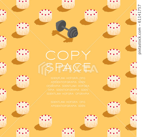 Cake with dumbbell 3D isometric pattern, Bakery healthy diet or lose weight concept poster and social banner square post design illustration isolated on cream background with space, vector 61141757