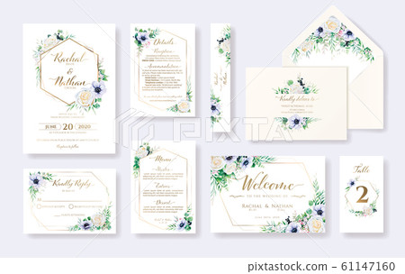 婚禮邀請卡集。白玫瑰和海葵鮮花，結婚請柬。 61147160