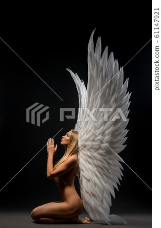 Nude girl with beautiful wings profile view 61147921