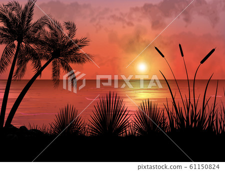 A Tropical Sunset or Sunrise with Palm Trees - Stock Illustration ...