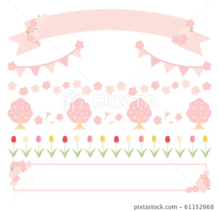 Spring cherry blossom tulip line frame illustration set 61152668