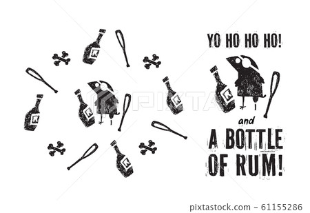 Crow pirate bottle rum and bones set of isolated objects Crow pirate bottle rum and bones set of isolated objects 61155286