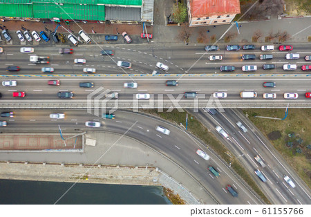 Rising drone shot reveals spectacular elevated highway, bridges, transportation Rising drone shot reveals spectacular elevated highway, bridges, transportation 61155766