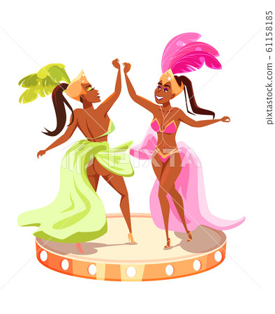 Popular brazil carnival event advertising poster element. Cartoon women in festive clothes dancing. Stage in shape of drums. Vector illustration. 61158185