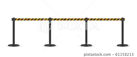 Retractable belt stanchion. Portable ribbon barrier. Striped black-yellow fencing tape. Retractable belt stanchion. Portable ribbon barrier. Striped black-yellow fencing tape. 61158213