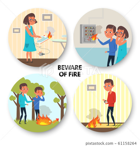 Beware of fire flat illustrations set Beware of fire flat illustrations set 61158264
