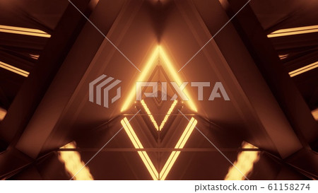 glowing triangle space ship temple tunnel corridor in futuristic sci-fi style with reflective glass bottom 3d illustration background wallpaper 61158274