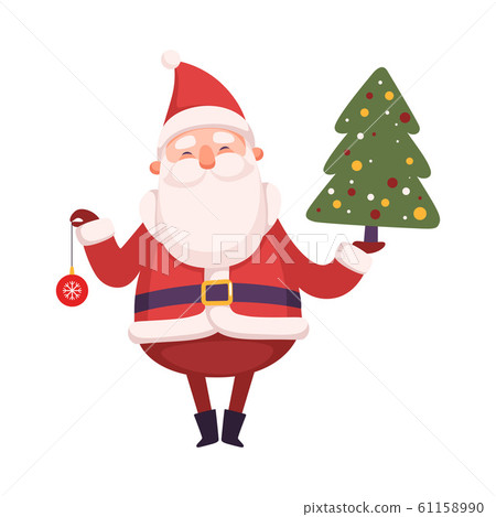 Funny Santa Claus Holding Fir Tree and Bauble, Cute Christmas and New Year Character, Winter Holidays Design Element Vector Illustration Funny Santa Claus Holding Fir Tree and Bauble, Cute Christmas and New Year Character, Winter Holidays Design Element Vector Illustration 61158990