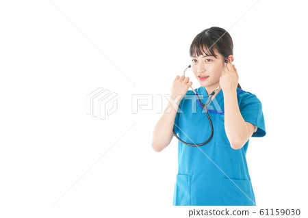 Smiling young nurse using a stethoscope Smiling young nurse using a stethoscope 61159030