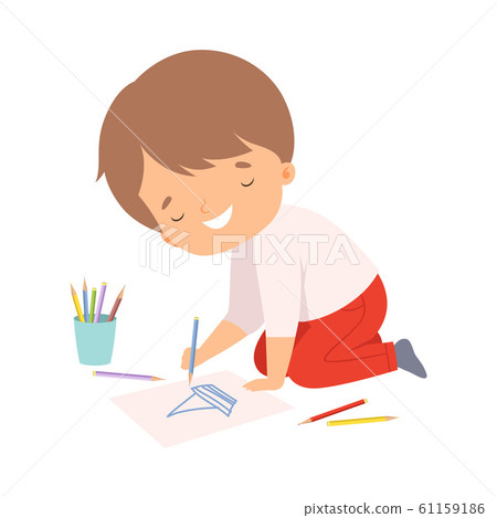 Cute Smiling Boy Sitting on the Floor on His Knees and Drawing Picture with Colorful Pencils, Adorable Young Artist Cartoon Character, Kids Creative Hobby Vector Illustratio 61159186