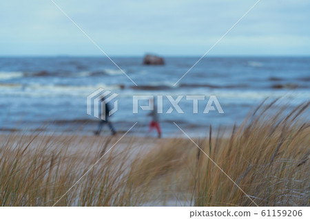 A couple walks along the beach in the evening in winter A couple walks along the beach in the evening in winter 61159206
