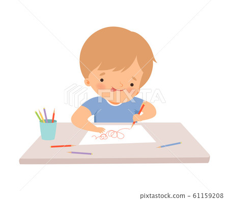 Boy Sitting at the Desk and Drawing Picture with Pencils, Cute Young Artist Cartoon Character, Kids Creative Hobby Vector Illustration Boy Sitting at the Desk and Drawing Picture with Pencils, Cute Young Artist Cartoon Character, Kids Creative Hobby Vector Illustration 61159208