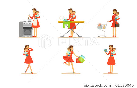 Housewife Engaging in Different Domestic Works Vector Illustrations Set. Housewife Engaging in Different Domestic Works Vector Illustrations Set. 61159849