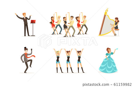 Performer Characters Playing Entertainment Performance on Theater Stage Vector Illustrations Set 61159982