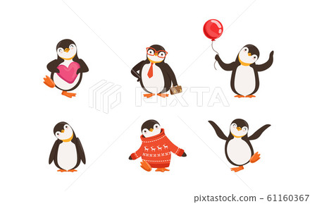 Cute Penguin Cartoon Characters Vector Set. Arctic Creature Wearing Sweater Cute Penguin Cartoon Characters Vector Set. Arctic Creature Wearing Sweater 61160367