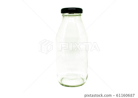 Close up glass bottle transparent blank with black lid isolated on white background. Close up glass bottle transparent blank with black lid isolated on white background. 61160687