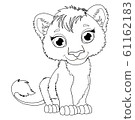Coloring page for kids with cute cartoon lion. Cute hand drawn baby lion drawing contour for coloring. Entertainment for children. Children's arts game. Vector illustration. 61162183
