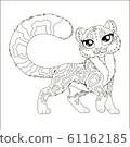 Coloring page for kids with charming cartoon irbis. Cute hand drawn snow leopard drawing contour for coloring. Entertainment for children. Children's arts game. Vector illustration. 61162185