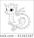 Coloring page for kids with funny cartoon dragon. Cute hand drawn fantasy baby dragon drawing contour for coloring. Entertainment for children. Children's arts game. Vector illustration. 61162187