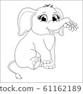 Coloring page for kids with funny cartoon elephant. Cute hand drawn elephant drawing contour for coloring. Entertainment for children. Children's arts game. Vector illustration. 61162189