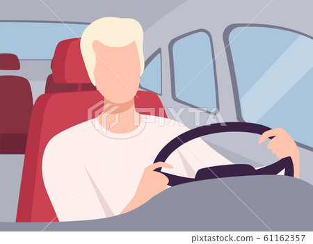 Young Man Driving a Car, View from the Inside, Male Driver Character Holding Hands on a Steering Wheel Vector Illustration Young Man Driving a Car, View from the Inside, Male Driver Character Holding Hands on a Steering Wheel Vector Illustration 61162357
