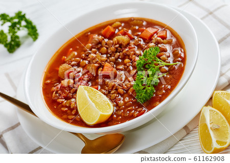 close-up of lentil soup in a bowl 61162908