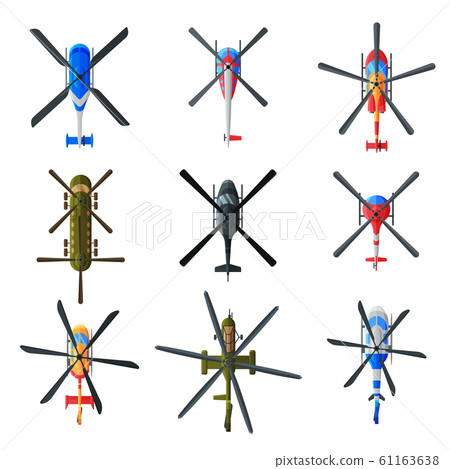 Flying Helicopters Collection, View from Above, Civil and Military Air Transport Vector Illustration Flying Helicopters Collection, View from Above, Civil and Military Air Transport Vector Illustration 61163638