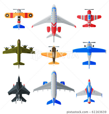 Flying Aircrafts Collection, Various Civil and Military Airplanes, View from Above, Air Transport Vector Illustration 61163639