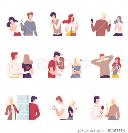 Man and Woman Experiencing Unrequited Feelings Set, Indifferent Partners and Fans in Love, One Sided or Rejected Love Flat Vector Illustration 61163654
