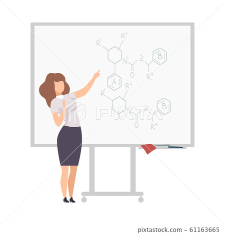 Young Faceless Chemistry Woman Teacher Standing At the Blackboard and Explaining Formula Vector Illustration 61163665