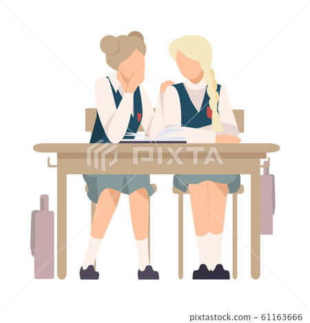Two Girls Sitting At School Desk and Gossiping Vector Illustration 61163666