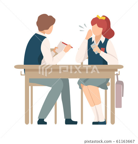 Naughty Boy Sitting At School Desk and Talking with His Neighbour Vector Illustration 61163667