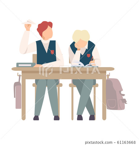 Naughty Boy Sitting At School Desk and Throwing Paper Plane Vector Illustration 61163668