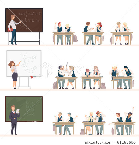 Naughty Pupils Sitting At School Desk Vector Illustration 61163696